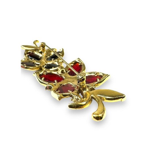 Monet Gold Tone Red Crystal Flower Leaves Brooch Vintage 3 3/4” x 1 1/2” - Picture 8 of 9